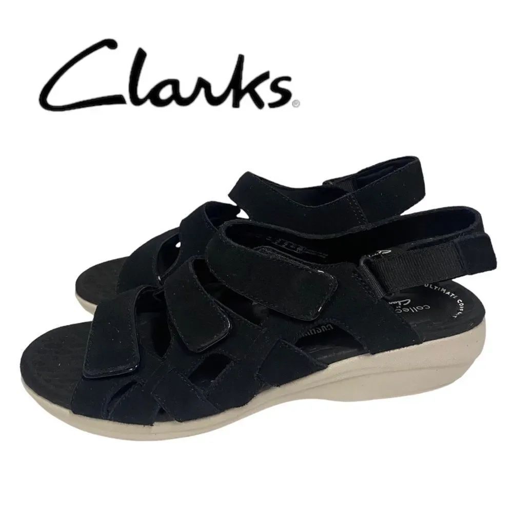 NEW in Box Clarks Collection Suede Sport Alexis Band Black Sandals 10